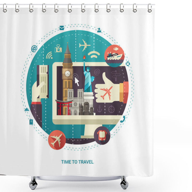 Personality  Flat Design Travel Composition With World Famous Landmarks On  Display Shower Curtains