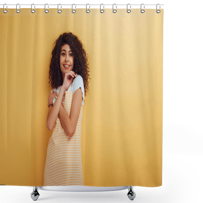 Personality  Cheerful Bi-racial Girl Holding Hand Near Face While Looking At Camera On Yellow Background Shower Curtains