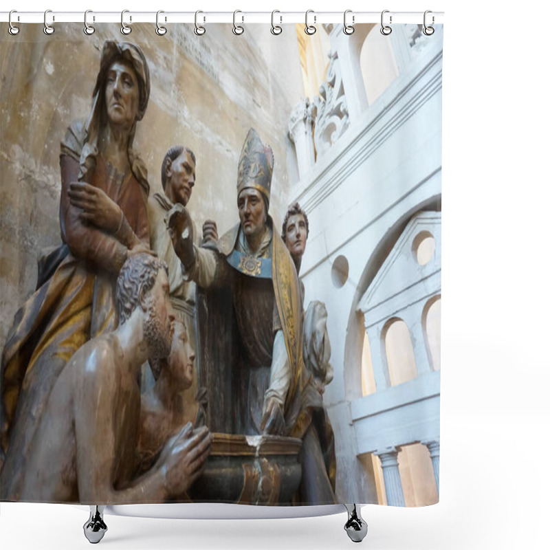 Personality  Cathedral Of Troyes, France - Sept. 2020 - A Stunning Limestone 16th-century Sculpture Picturing The Baptism Of St Augustine By Bishop St Ambrose Of Milan, Accompanied By Other Historical Characters Shower Curtains