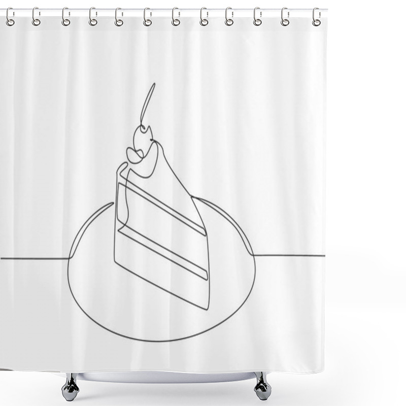 Personality  Single Continuous Line Drawing Slices Of Chocolate Cake Topped With Cream And Cherry. A Very Delicious Chocolate Dish. Celebration. National Chocolate Cake Day. One Line Design Vector Illustration Shower Curtains