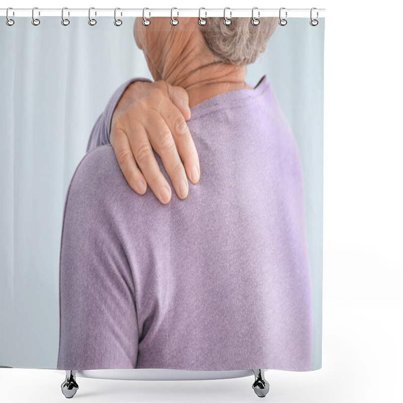 Personality  Senior Woman Suffering From Pain In Shoulder Against Light Background, Closeup Shower Curtains