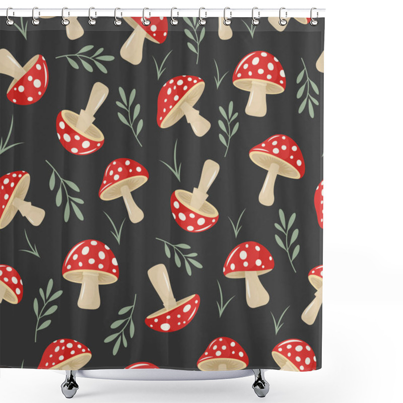 Personality  Vector Seamless Pattern With Hand Drawn Cartoon Flat Mushrooms On Black Background. Amanita Muscaria, Fly Agaric Illustration, Mushrooms Collection. Magic Mushroom Symbol, Design Template. Shower Curtains