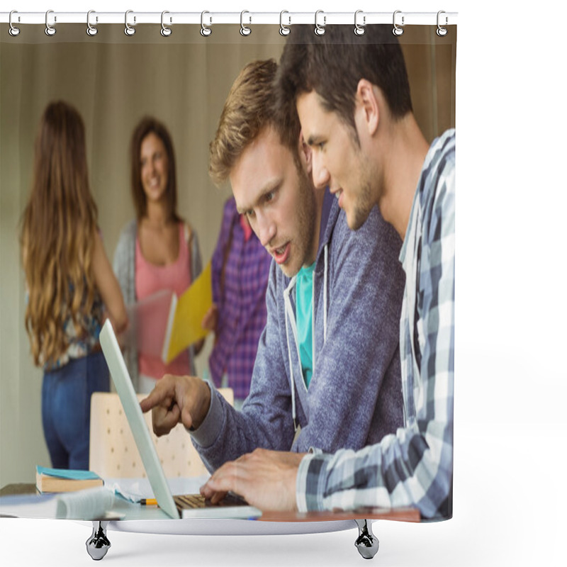 Personality  Smiling Friends Sitting Using Laptop Shower Curtains