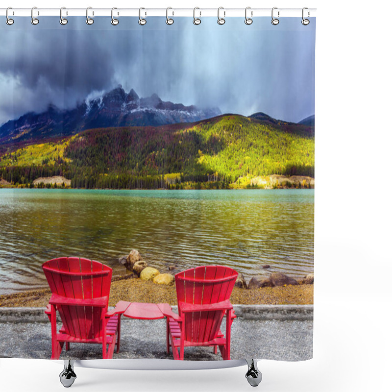 Personality  Comfortable Red Deck Chairs Stand Over The Lake. Thunderclouds Swirl In The Sky. Scenic Autumn In The Rockies Of Canada. Concept Of Ecological, Active And Photo-tourism Shower Curtains