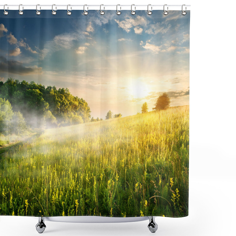 Personality  Morning Over Blossoming Field Shower Curtains