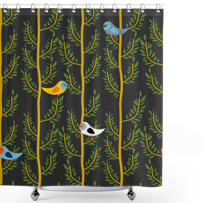 Personality  Birds On Trees Seamless Pattern. Vector  Background Of Forest Wi Shower Curtains