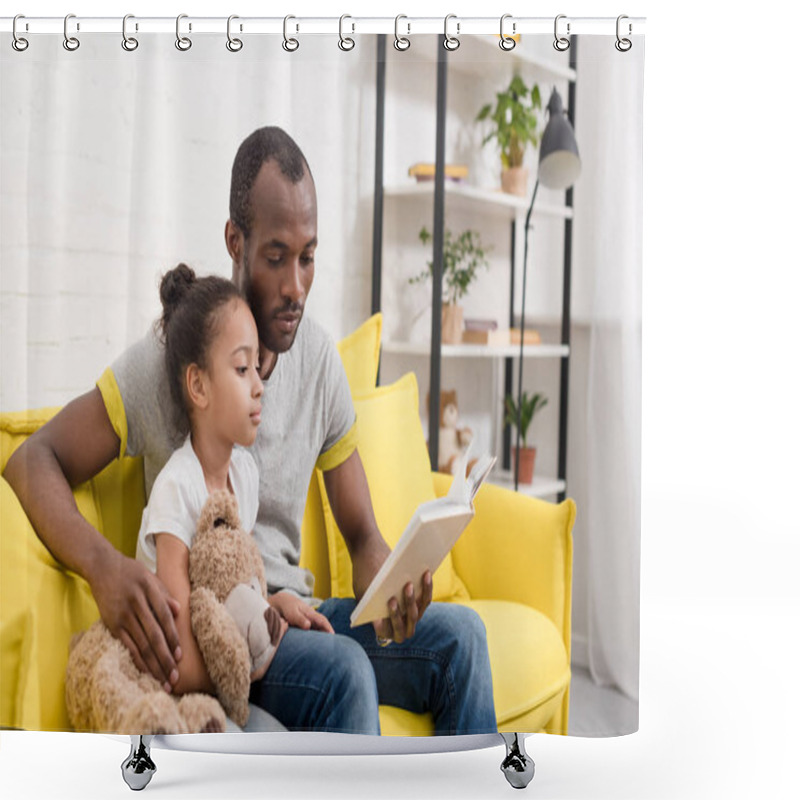 Personality  Handsome Father And Little Daughter Reading Book Together At Home Shower Curtains