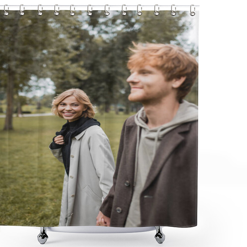 Personality  Pleased Young Woman In Coat Looking At Camera Near Cheerful Redhead Boyfriend In Autumnal Park Shower Curtains