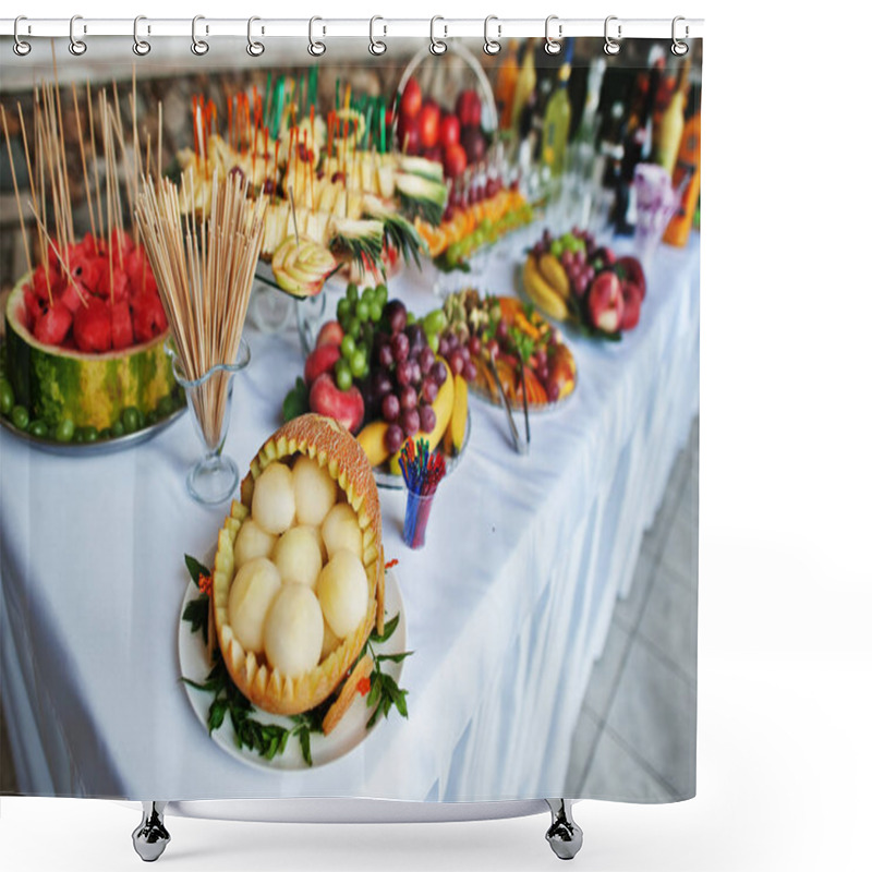 Personality  Table Catering With Different Fruits Such As Watermelon, Pineapp Shower Curtains