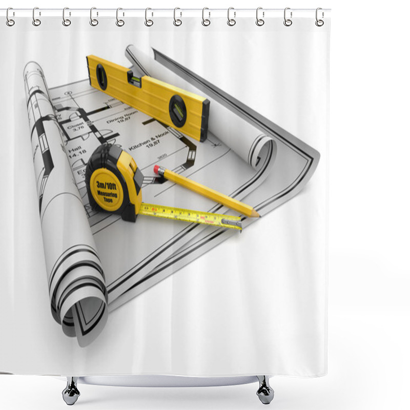 Personality  Construction Concept. Blueprint, Level And Rulers Shower Curtains