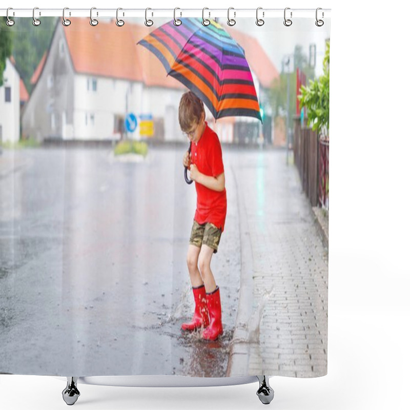 Personality  Kid Boy Wearing Red Rain Boots And Walking With Umbrella Shower Curtains