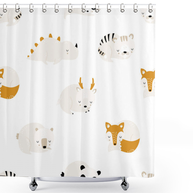 Personality  Seamless Childrens Hand-drawn Pattern With Cute Sleeping Animals, Elephant, Tiger, Fox, Dinosaur, Bear,koala.Creative Kids Texture For Fabric, Wrapping, Textile, Wallpaper, Apparel.Vector Illustration Shower Curtains