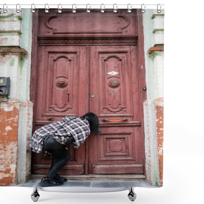 Personality  A Woman Peeks At The Door, A Person Opens An Old Door, Old European Architecture Shower Curtains