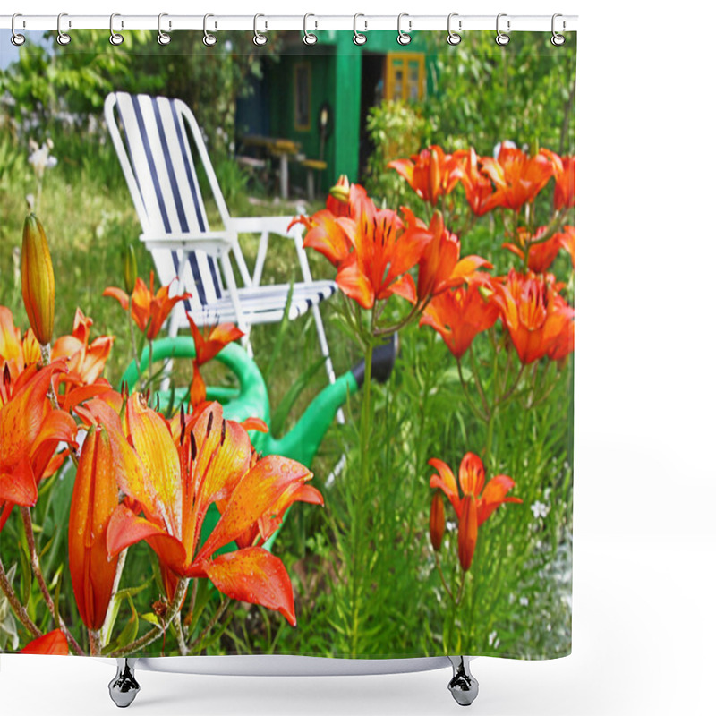 Personality  Folding Chair On A Background Lilies Shower Curtains