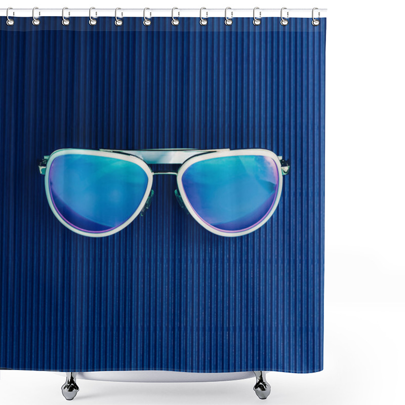 Personality  Stylish Sunglasses On Blue Background. Minimalism Fashion Shower Curtains