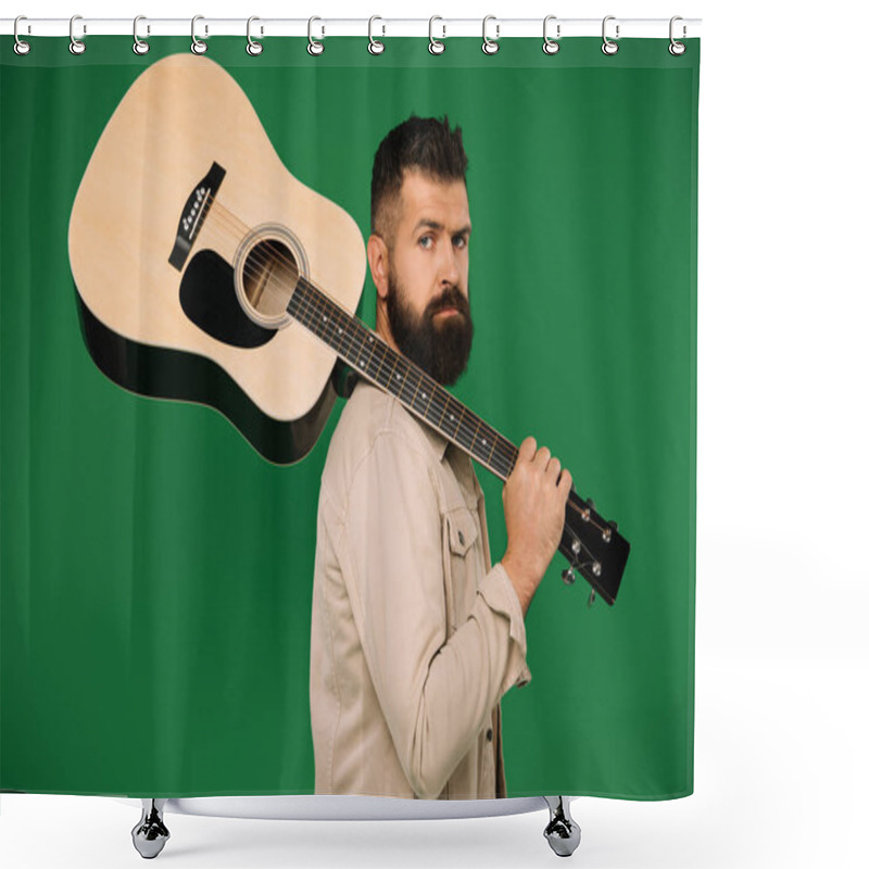 Personality  Bearded Male Guitarist Holding Acoustic Guitar, Isolated On Green Shower Curtains