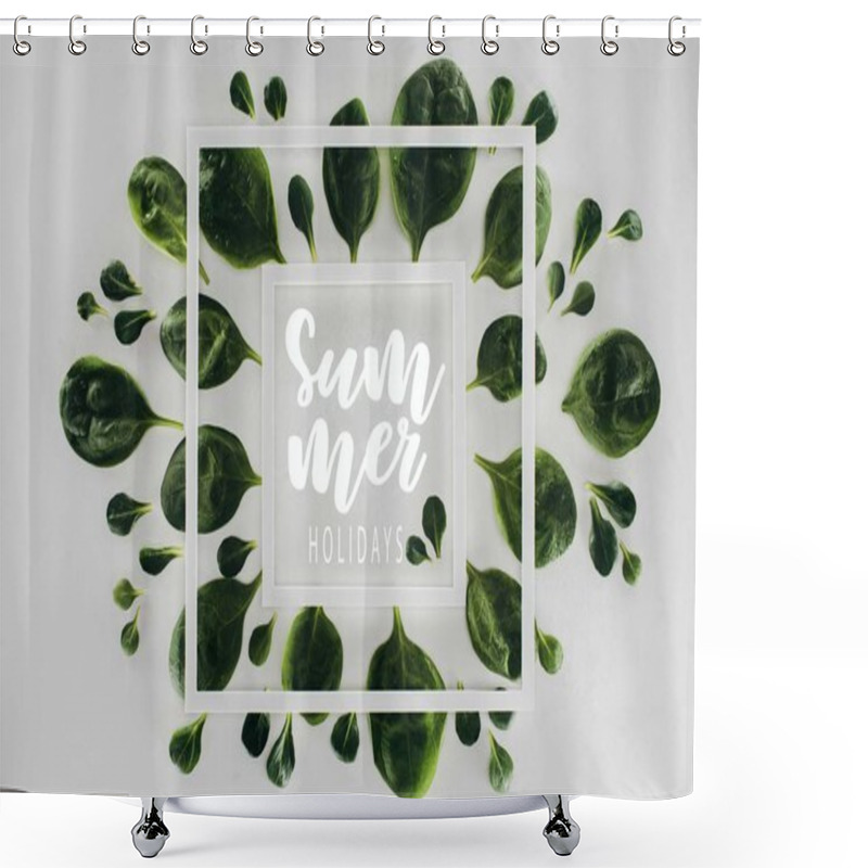 Personality  Top View Of Fresh Green Leaves And White Square Frames With Words Summer Holidays On Grey Shower Curtains