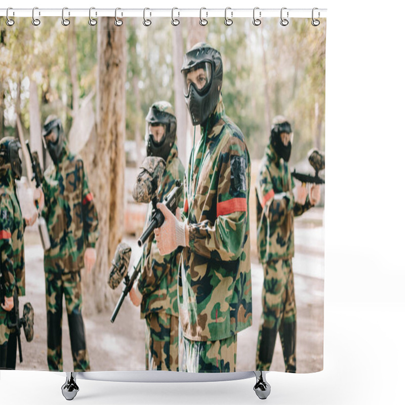 Personality  Paintball Team In Uniform And Protective Masks Playing Paintball With Marker Guns Outdoors Shower Curtains