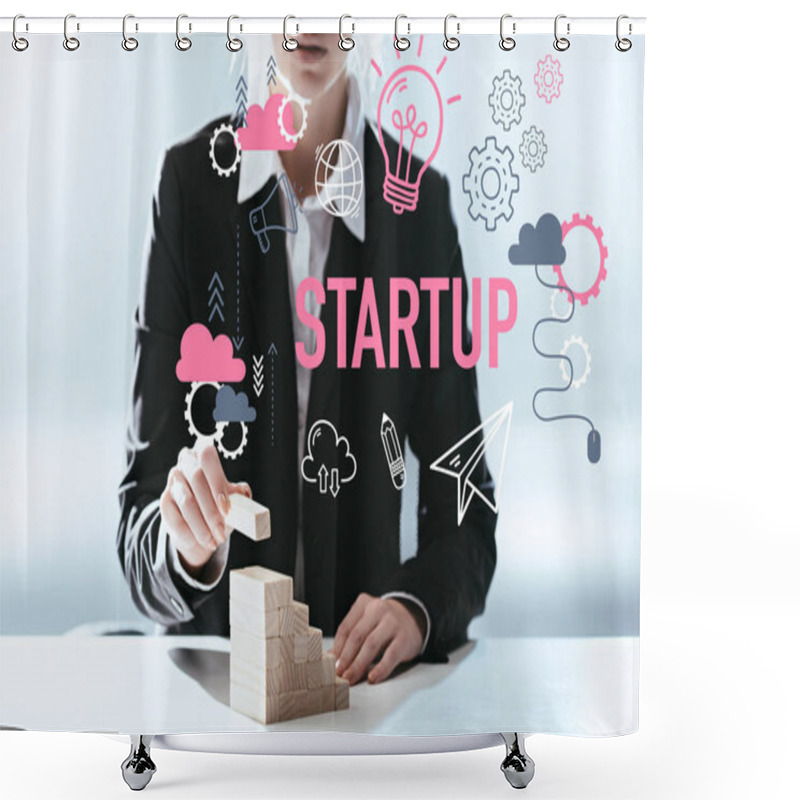 Personality  Cropped View Of Woman Building Career Ladder With Wooden Blocks, Icons And 'startup' Lettering On Foreground Shower Curtains