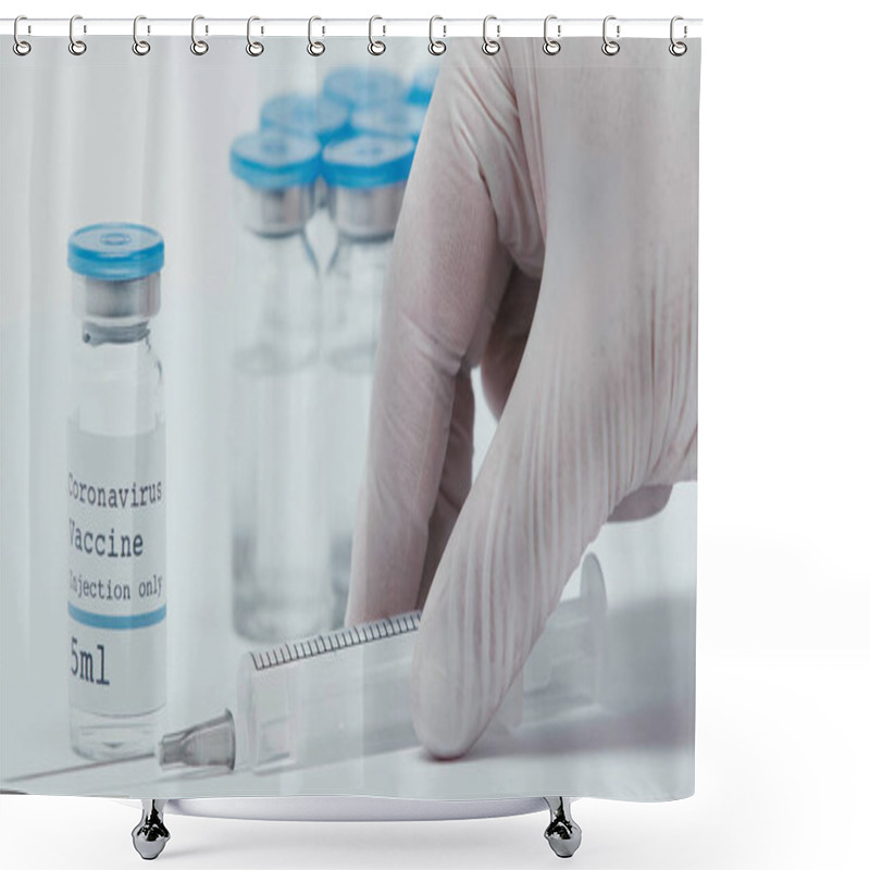 Personality  Cropped View Of Person Taking Syringe Near Bottles With Vaccine Isolated On White  Shower Curtains