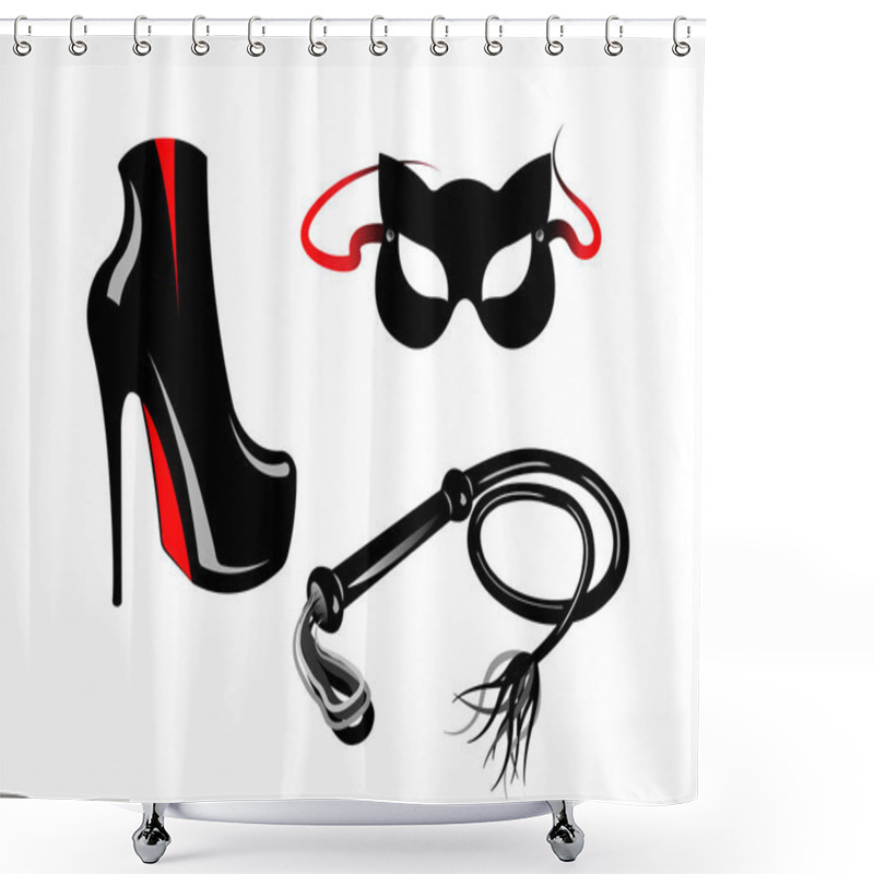 Personality  Fetish And Bondage Stuff For Role Playing And BDSM: High Heels Shoes, Leather Whip And Cat Mask, Play Set Fetish, Vector Isolated Or White Background  Shower Curtains