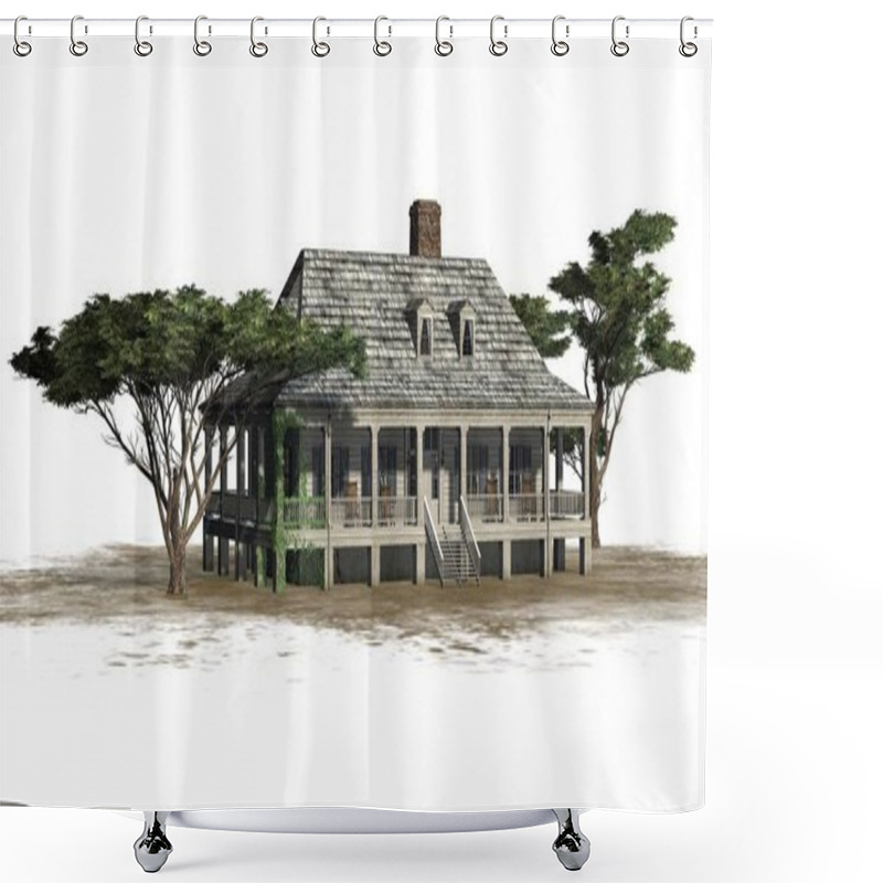 Personality  Plantation Houses With Umbrella Pine Trees On A Sand Area - Isolated On White Background Shower Curtains