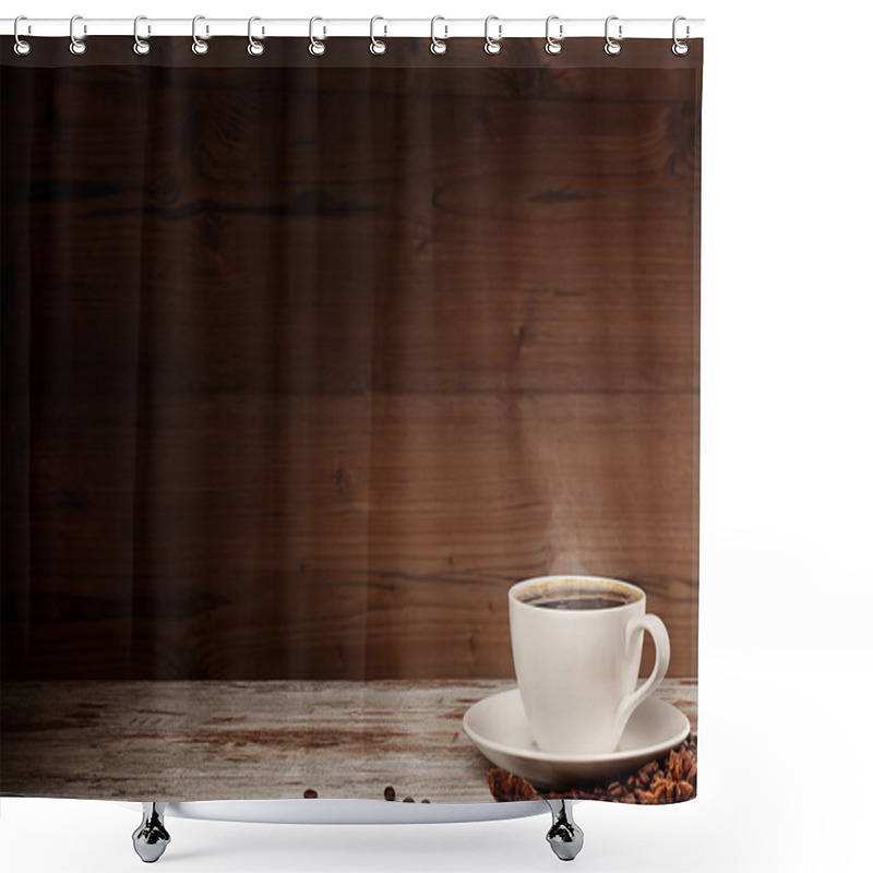 Personality  White Cup Of Coffee Over Wooden Background Shower Curtains