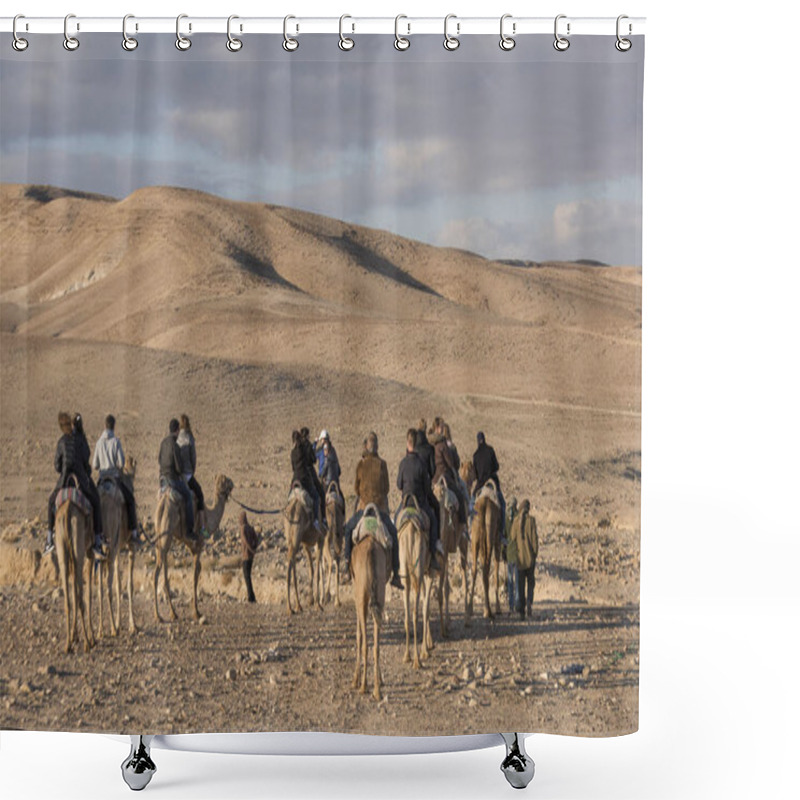 Personality  Tourists Riding Camels In Desert, Judean Desert, Dead Sea Region, Israel Shower Curtains