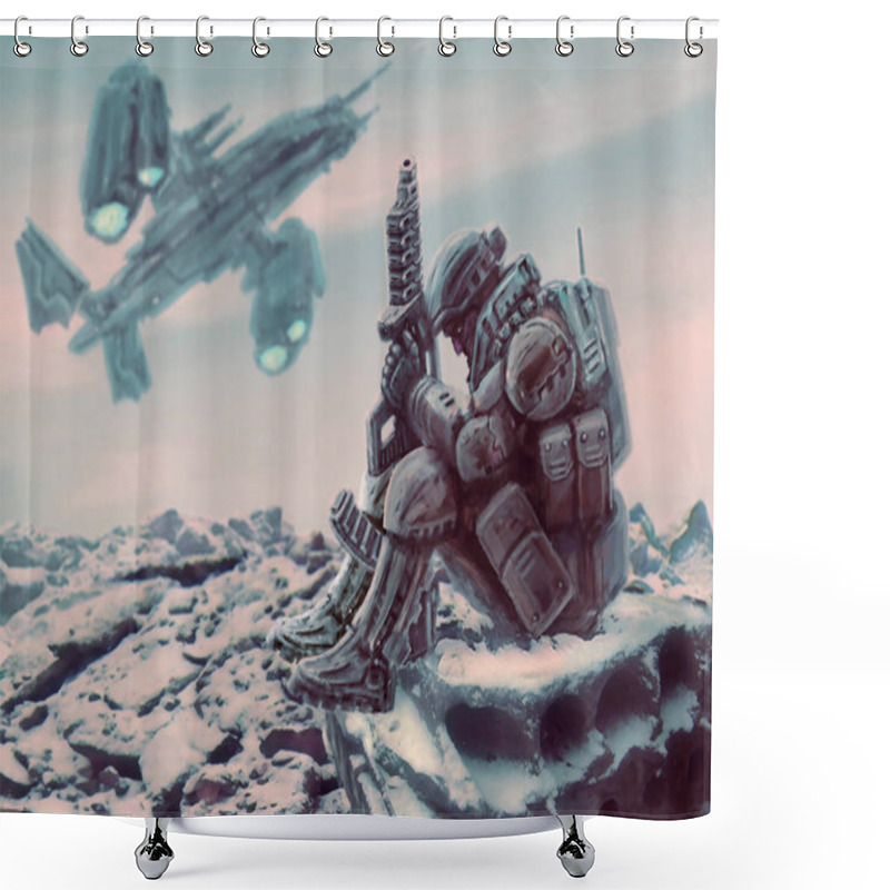 Personality  Soldier Of The Future Sits With Large Plasma Gun. Landing Spacecraft. Science Fiction Character. Shower Curtains