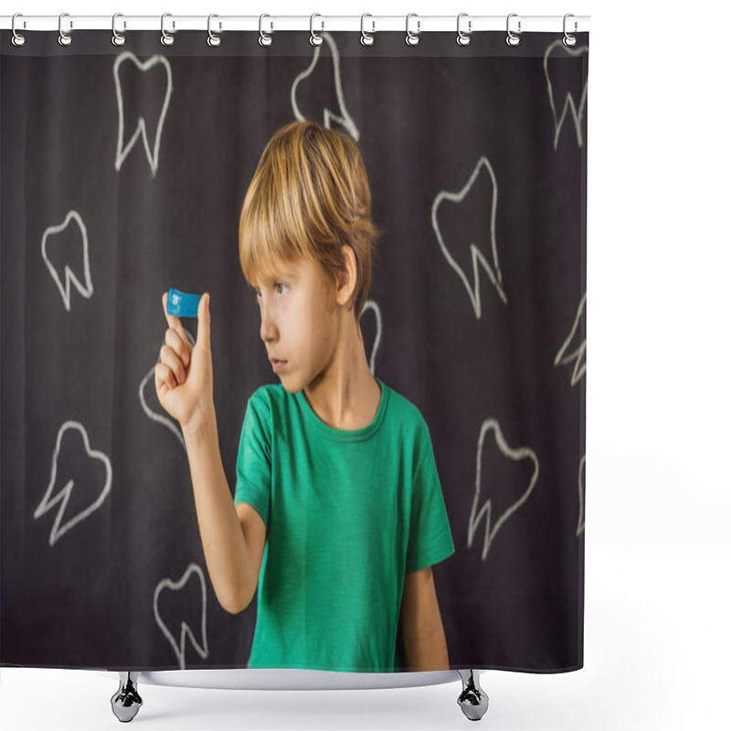 Personality  Six-year Old Boy Shows Myofunctional Trainer. Helps Equalize The Growing Teeth And Correct Bite, Develop Mouth Breathing Habit. Corrects The Position Of The Tongue Shower Curtains