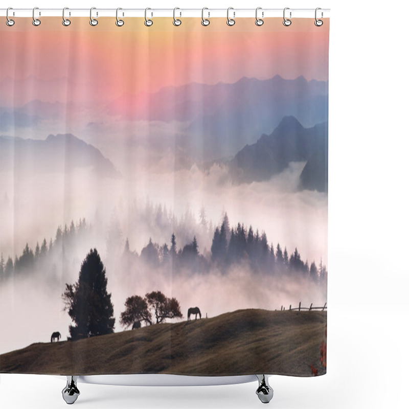 Personality  Horses Herd On Alpine Pasture Shower Curtains