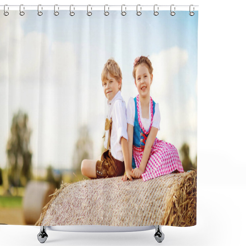 Personality  Two Kids, Boy And Girl In Traditional Bavarian Costumes In Wheat Field Shower Curtains