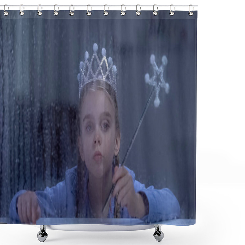 Personality  Lonely Little Princess In Crown With Magic Stick Sitting Behind Rainy Window Shower Curtains