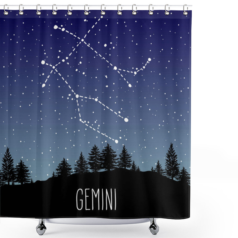 Personality  Gemini Hand Drawn Zodiac Sign Constellation In A Starry Night Sky Over The Coniferous Forest. Vector Graphics Astrology Illustration. Western Horoscope Mystic Symbol In Nature. Shower Curtains