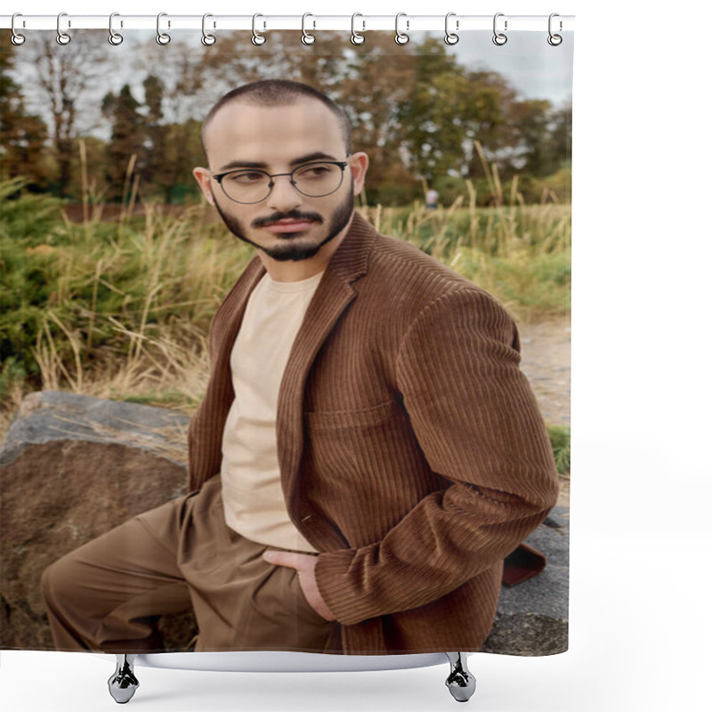 Personality  A Handsome Man In Fashionable Autumn Clothing Stands Proudly In A Tranquil Field Surrounded By Nature. Shower Curtains