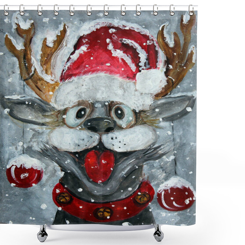 Personality  Snowy Christmas Mood Happy Deer With Santa Hat Original Painting Shower Curtains