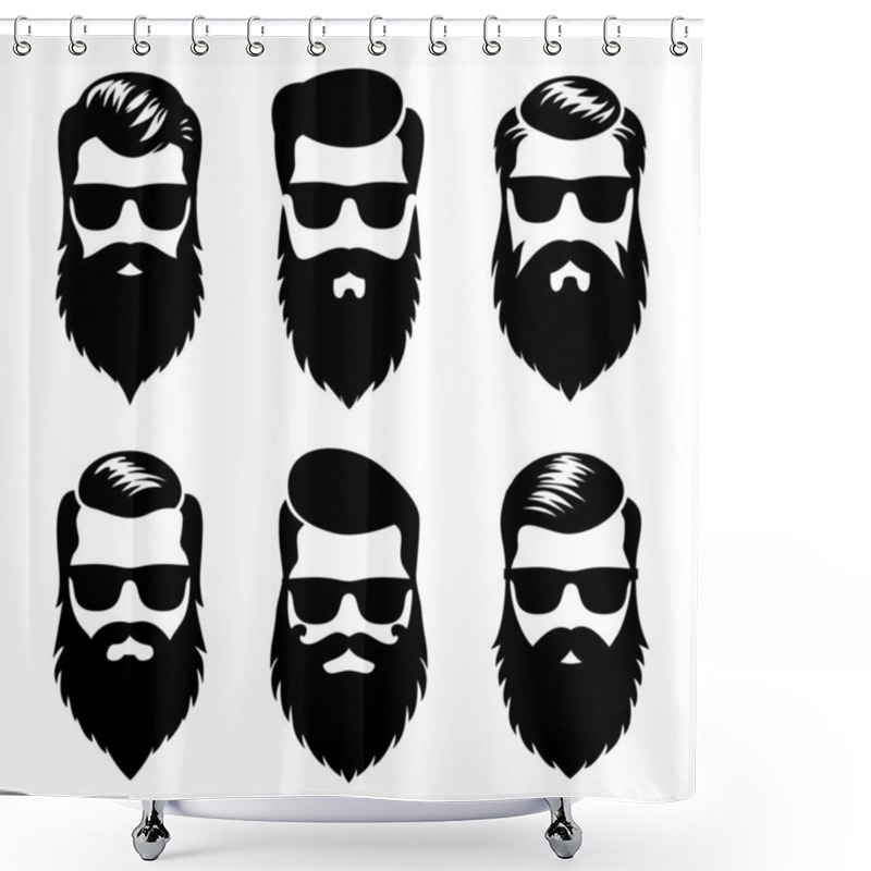 Personality  Set Bearded Hipster Men Faces With Glasses, Different Haircuts, Mustaches, Beards. Trendy Man Avatar, Silhouettes, Heads, Emblems, Icons, Labels. Barber Shop Vector Illustration. Shower Curtains