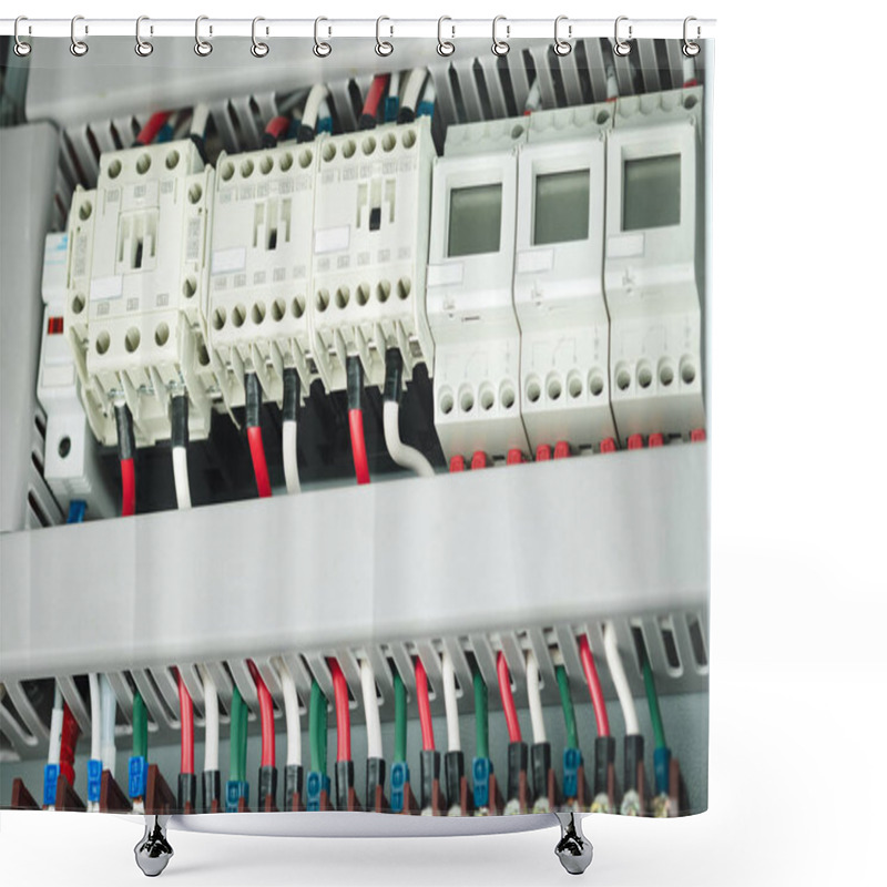 Personality  Electric Box Texture And Background. Electric Control Panel With Many Terminals, Wires, Fuses, Contactors, Rails, Low Voltage Meters, Current Transformers, Relays And Other Electrical Equipment.  Shower Curtains