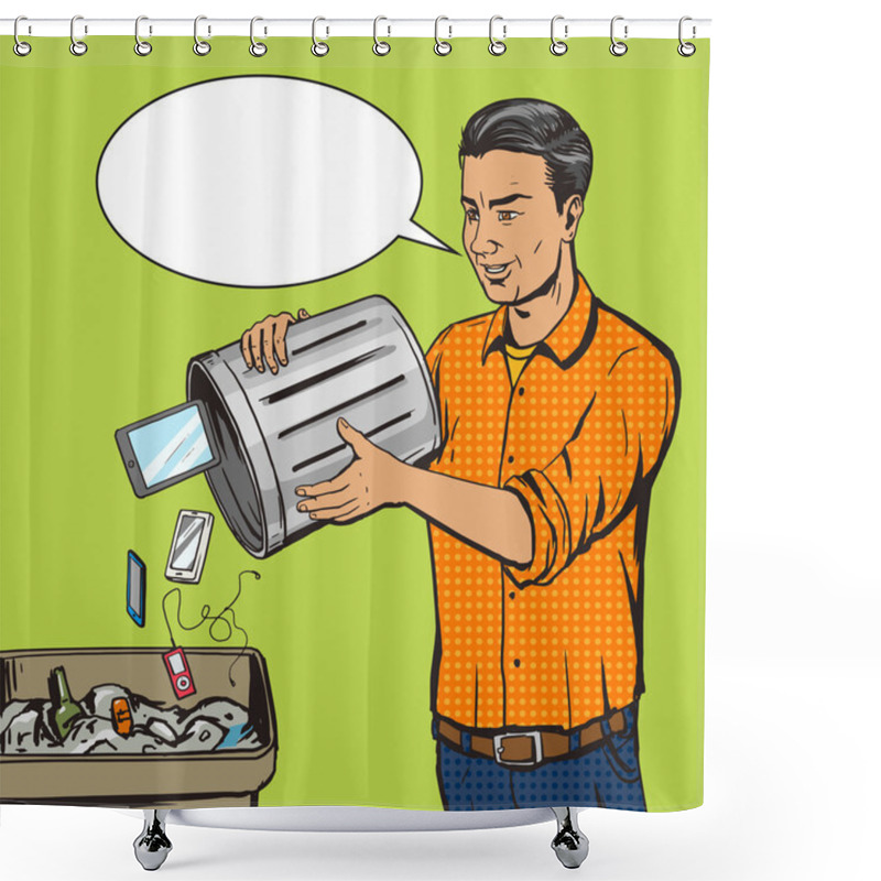 Personality  Man Throws Gadget Device Into Trash Pop Art Vector Shower Curtains