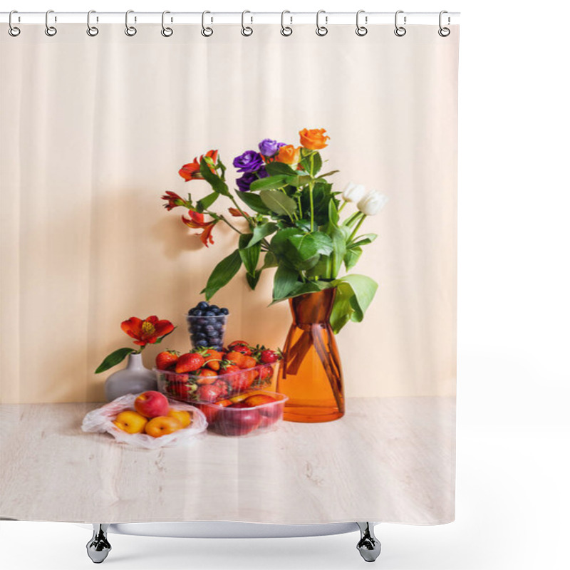 Personality  Floral And Fruit Composition With Bouquet In Vase And Summer Fruits On Wooden Surface On Beige Background Shower Curtains