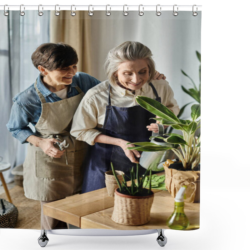 Personality  Two Elegant Elderly Women Caring For A Potted Plant. Shower Curtains