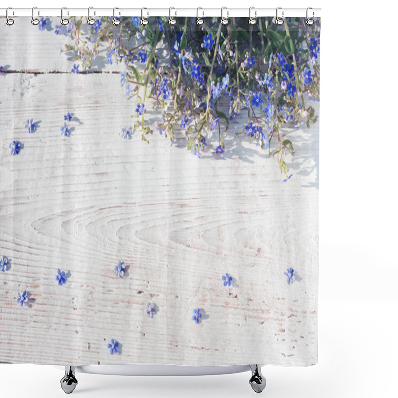 Personality  Blue Spring Flowers On Wooden Background Shower Curtains