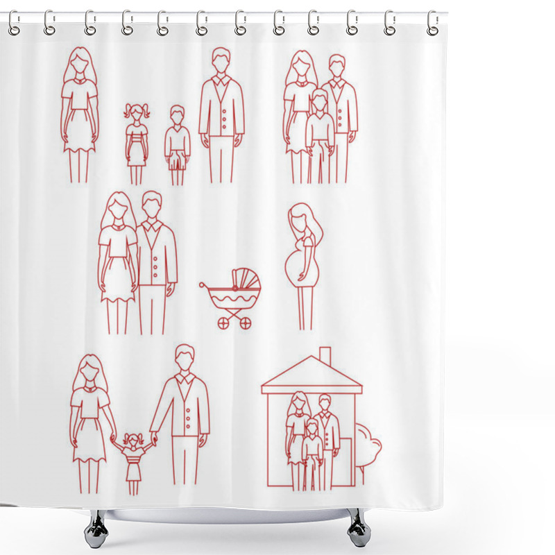 Personality  Vector Icons With Family, Pregnant Woman And Stroller On White Background  Shower Curtains