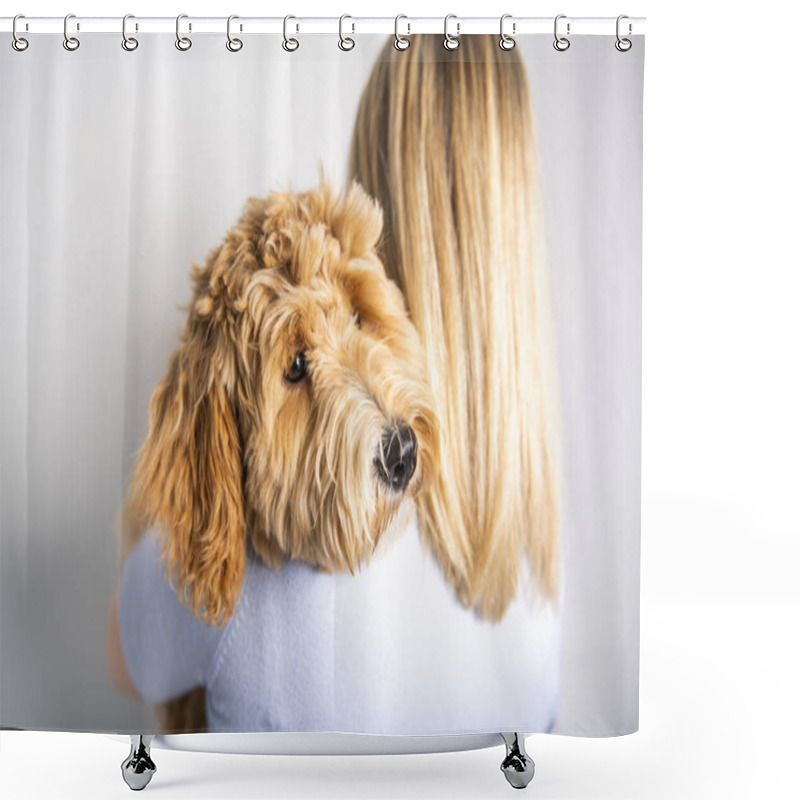 Personality  Woman With His Golden Labradoodle Dog Isolated On White Background Shower Curtains