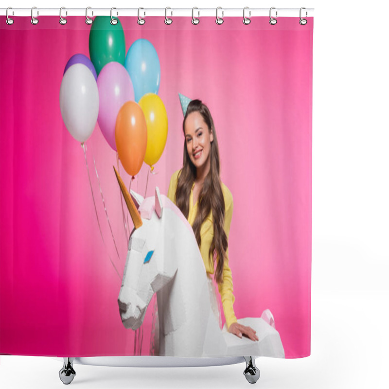 Personality  Attractive Woman With Party Hat, Balloons And Unicorn Toy Isolated On Pink Shower Curtains