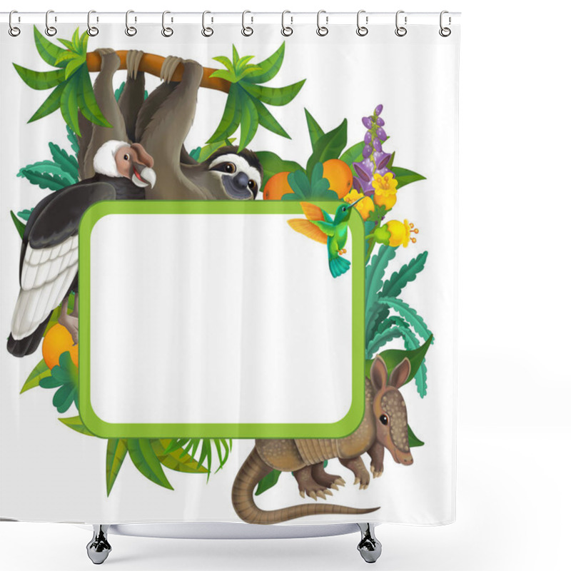 Personality  Cartoon Scene With Nature Frame And Animals Vulture Sloth Armadillo - Illustration For Children Shower Curtains