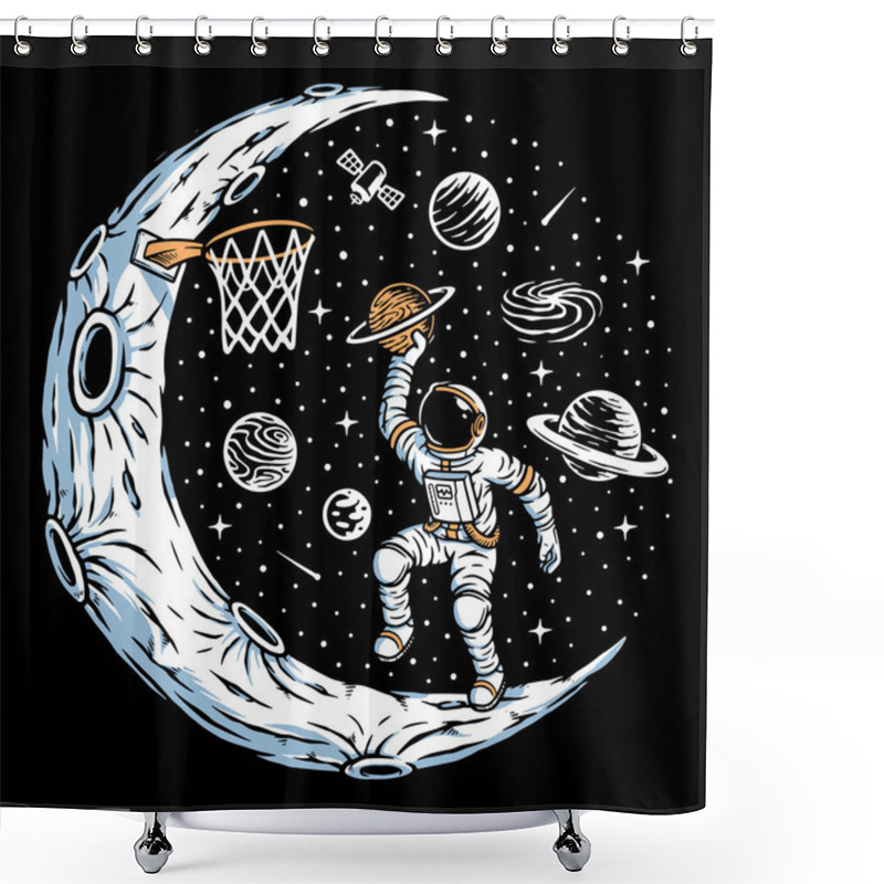 Personality  Astronaut Playing Basketball On The Moon Illustration Shower Curtains