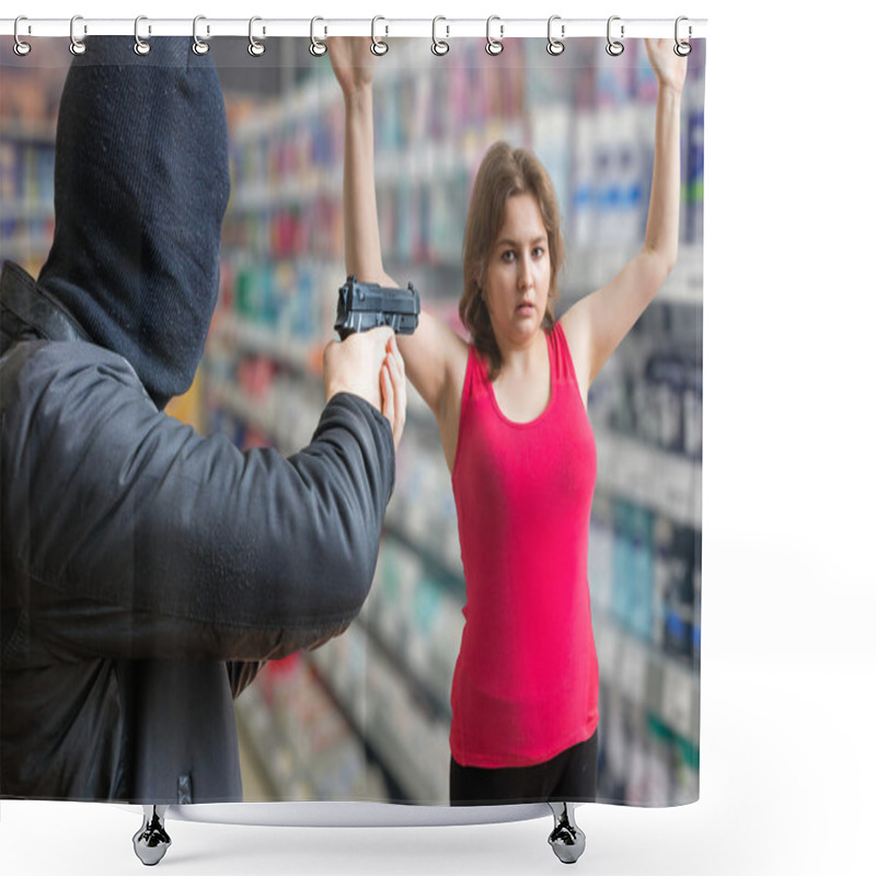 Personality  Robbery Concept. Man In Balaclava Is Aiming On Woman In Store. Shower Curtains