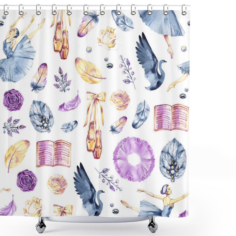 Personality  Watercolor Seamless Border Patterns With Little Ballerinas, Pointe Shoes, Ballet Accessories And Flowers On White And Color Background. Shower Curtains