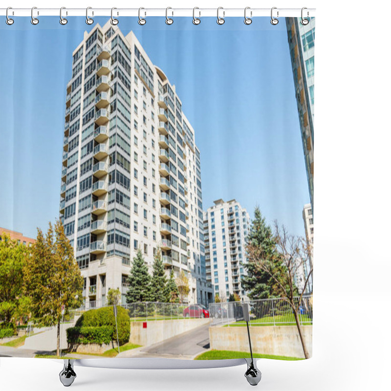 Personality  Low Angle View Of Modern Apartment Buildings In A Downtown District On A Clear Autumn Day. Kingston, ON, Canada. Shower Curtains